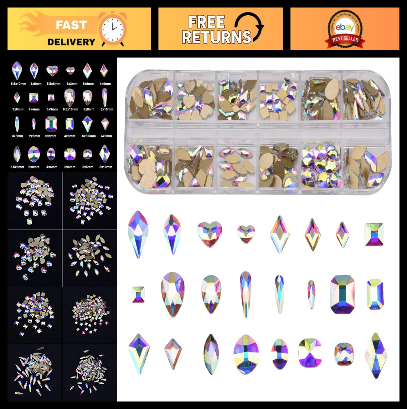 240pcs Flatback Crystals Mix – 12 Styles, Multi Sizes, Glass AB Rhinestones for