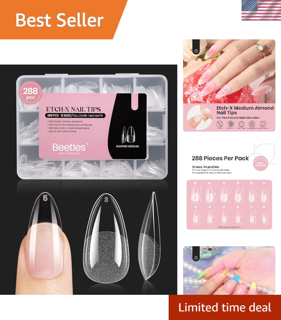 Beetles Medium Almond Nail Tips 576pcs Clear Soft Gel Pre-Etched Full Cover Set