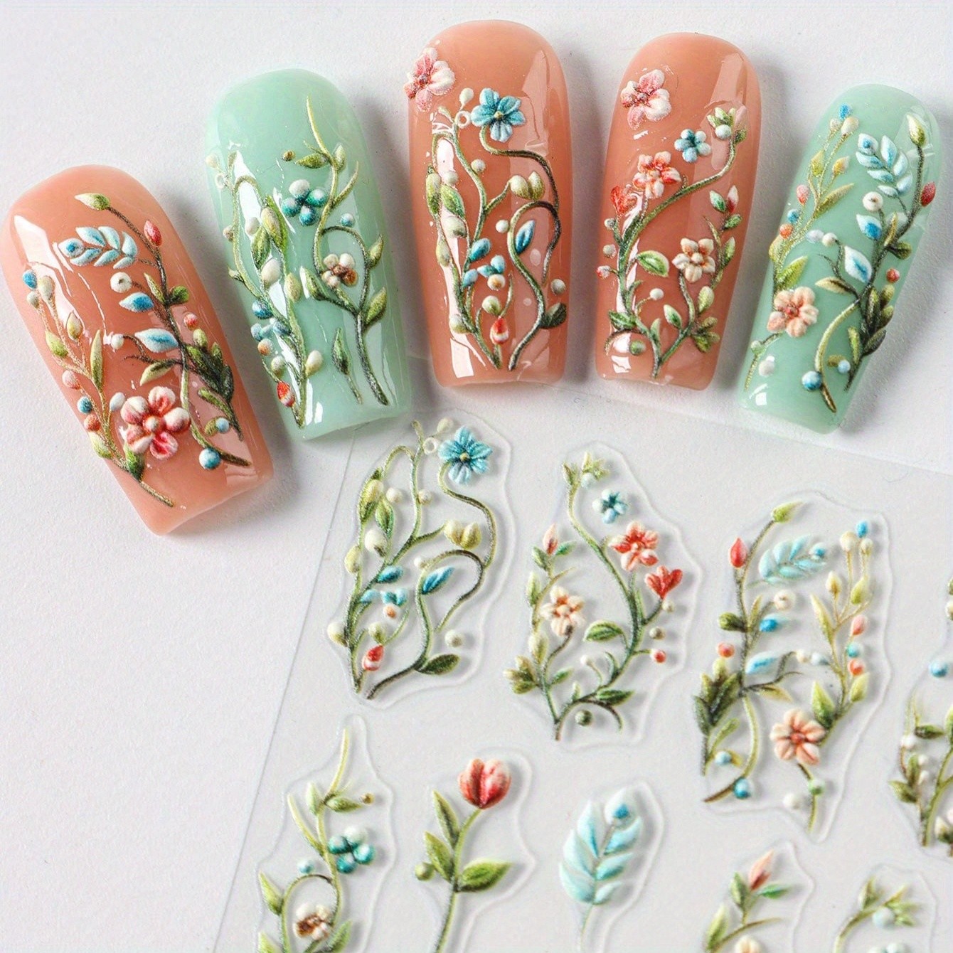 4pcs 5D Embossed Nail Stickers Green Grape Leaf Floral Self-Adhesive Nail Decor