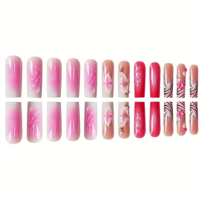 Long Pink Square Press on Nails 3D Wave Floral False Nails Wholesale