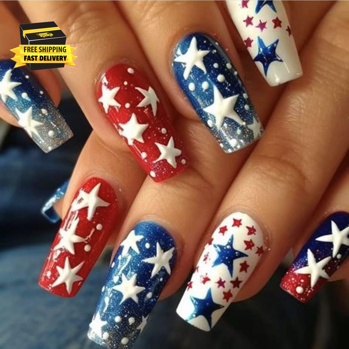 24Pcs 4Th of July Press on Nails Medium Square Independence Day Fake Nails with