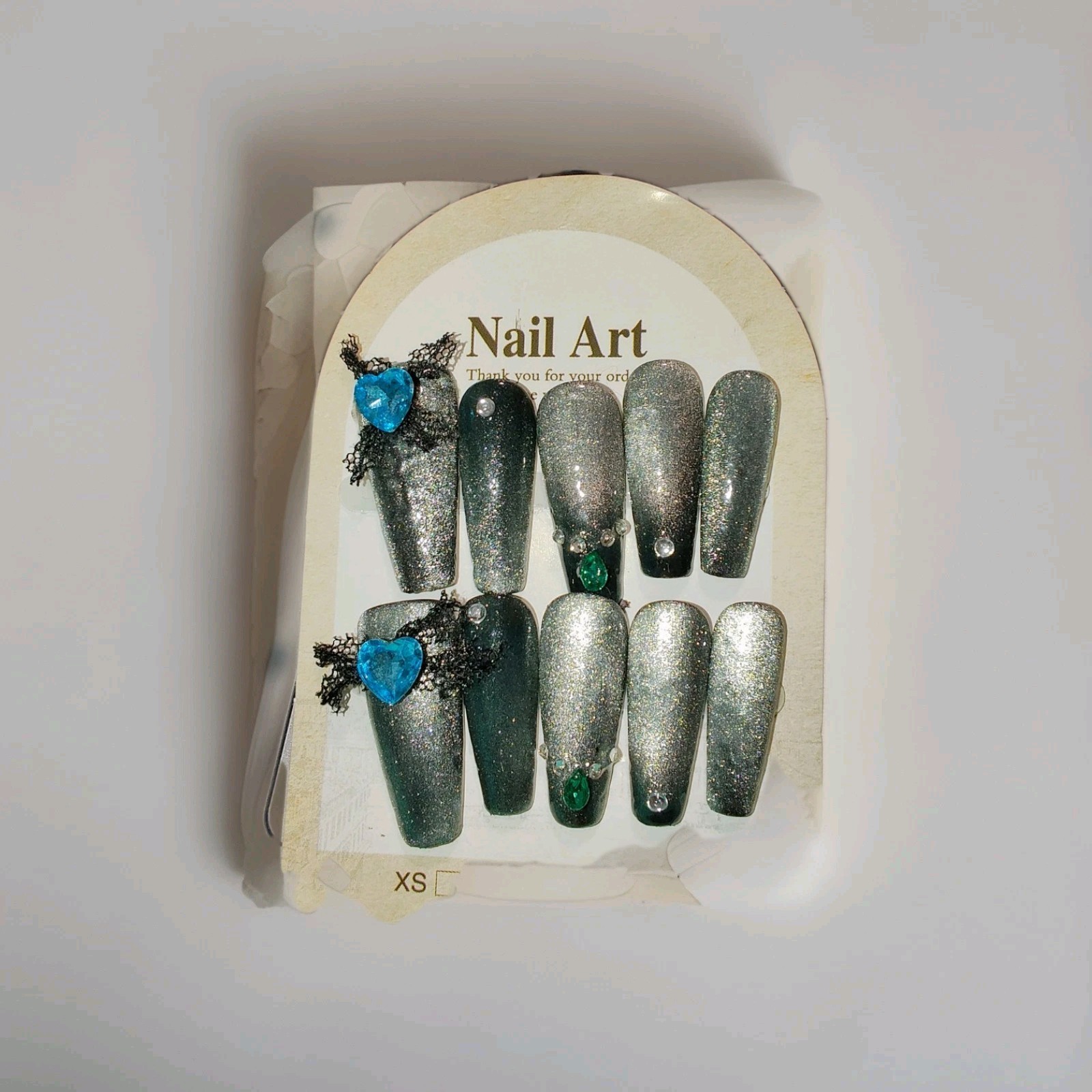 Black Silver Cat Eye Glitter 3D Gemstone Long Coffin Press-On Nails Full Cover