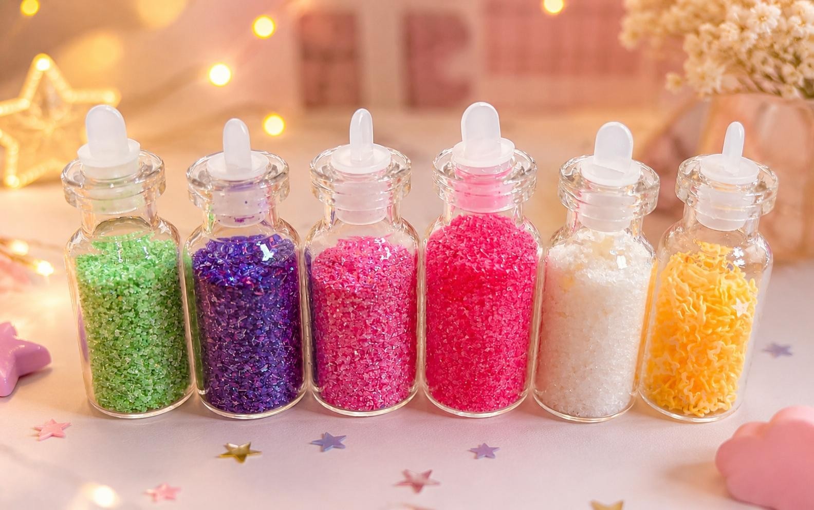 Set of 7 small bottles, glittery sequins for nail art or paper decoration