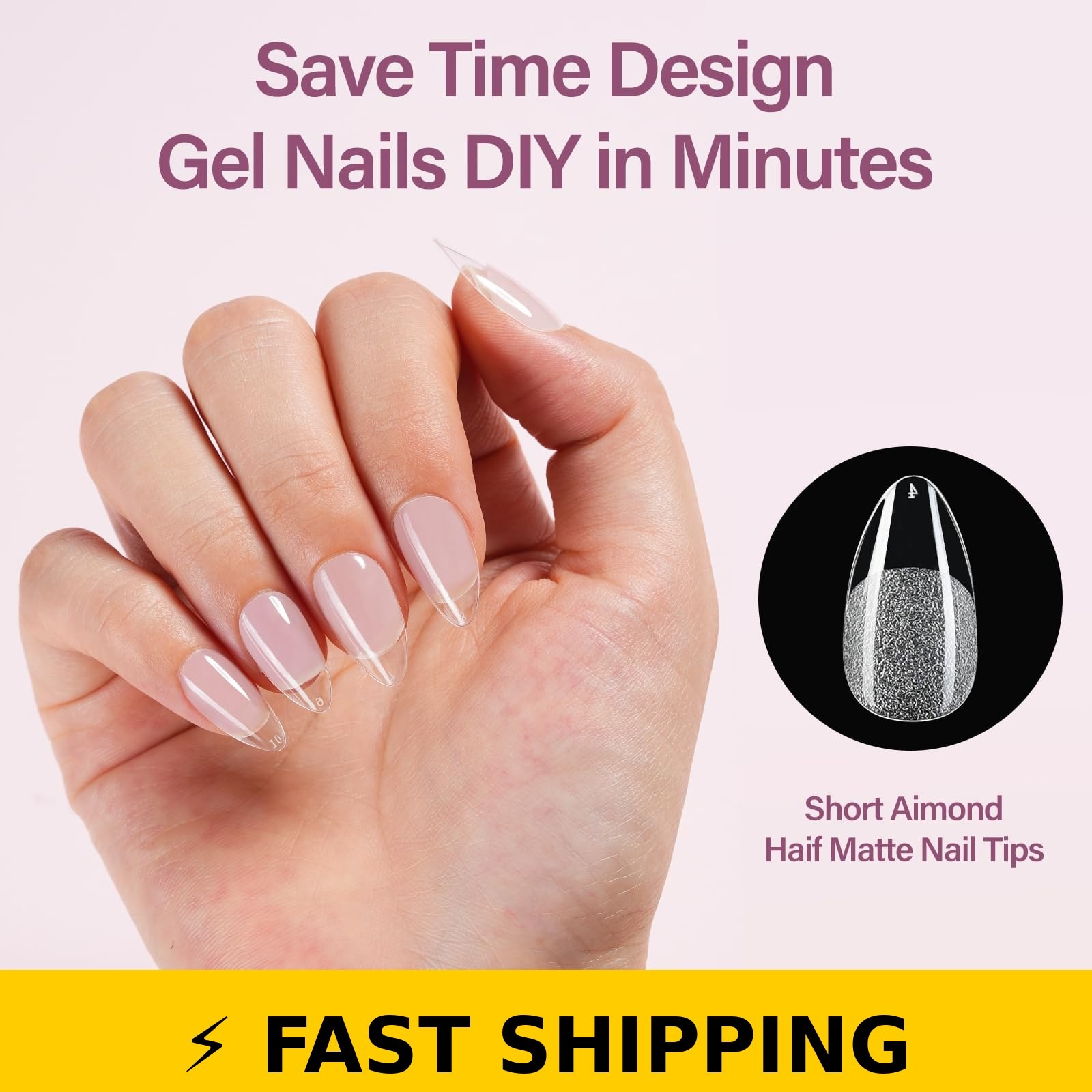 Misssix Short Almond Gel Nail Tips Kit – 216Pcs with UV Lamp