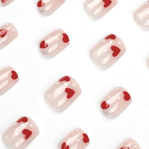 Heart Press on Nails Short Square With Design White Dots Love Fake square55