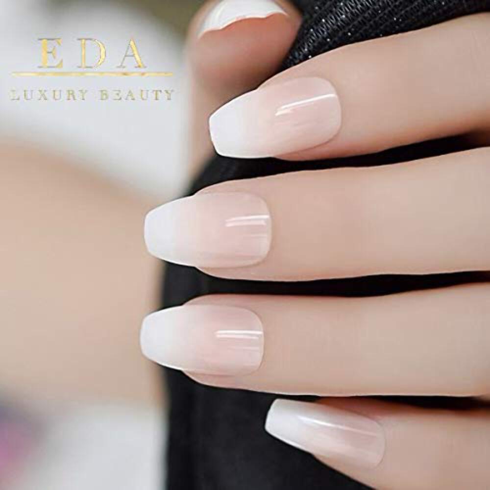 Natural Nude Pink Ombre White French Glossy Coffin Long Press On False Nails Set