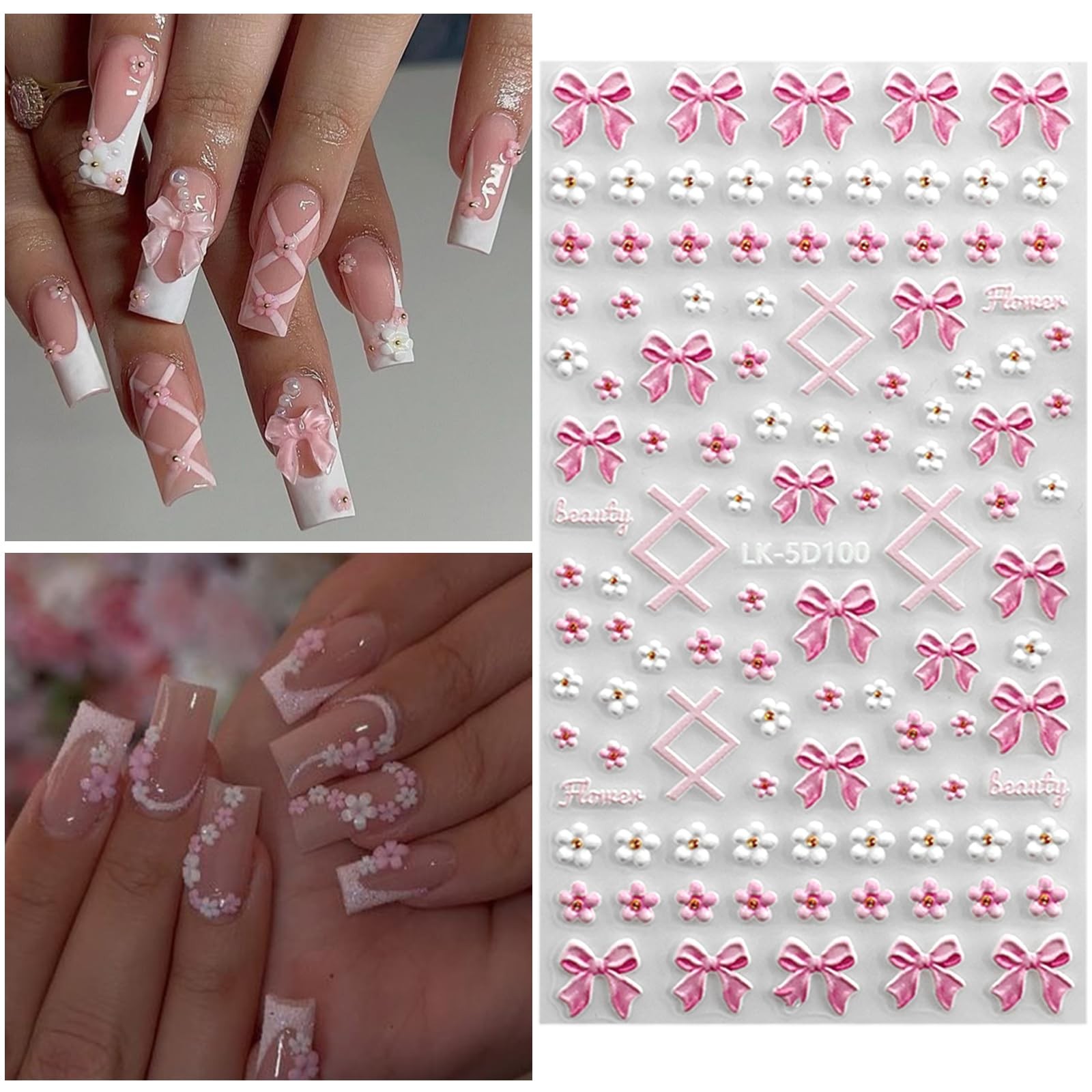Nail Art Stickers 5D 3D Bow Cherry Flower Self Adhesive Spring Summer Design