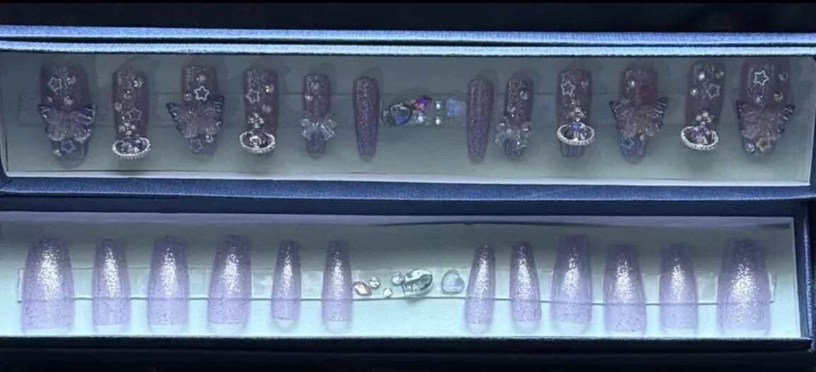 Handmade Gel Press On Nails, Purple Glitter Butterfly Includes Free Gifts❣️