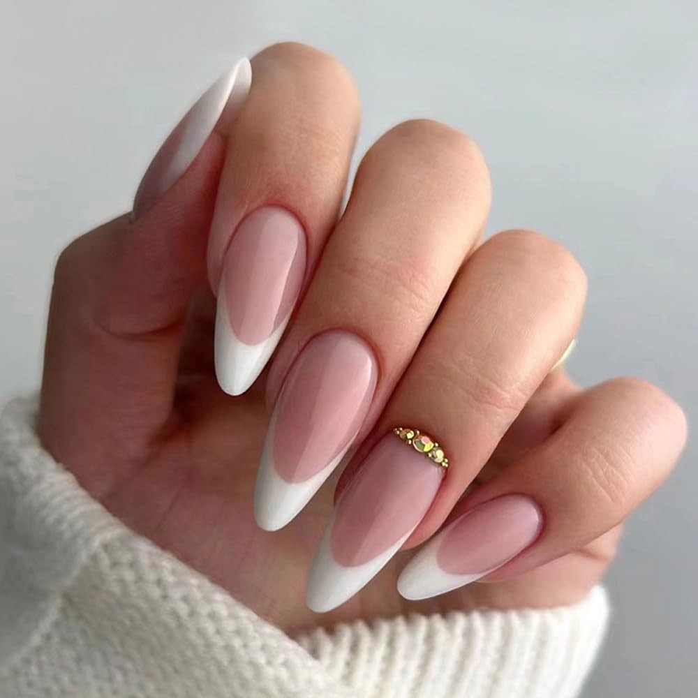 French Tip Press on Nails Almond Short Medium Fake Nails with Rhinestone Desi…