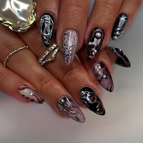 Goth Red Black Press on Nails Almond Medium Acrylic Fake Nails 04-Black Red
