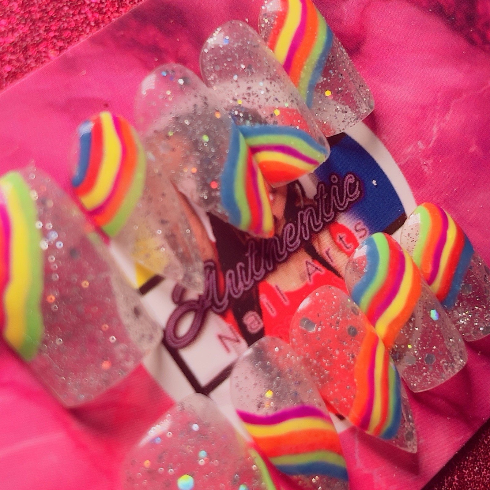Authentic Nail Arts by Dia Long Coffin Press-On Nails Clear Rainbow Glitter