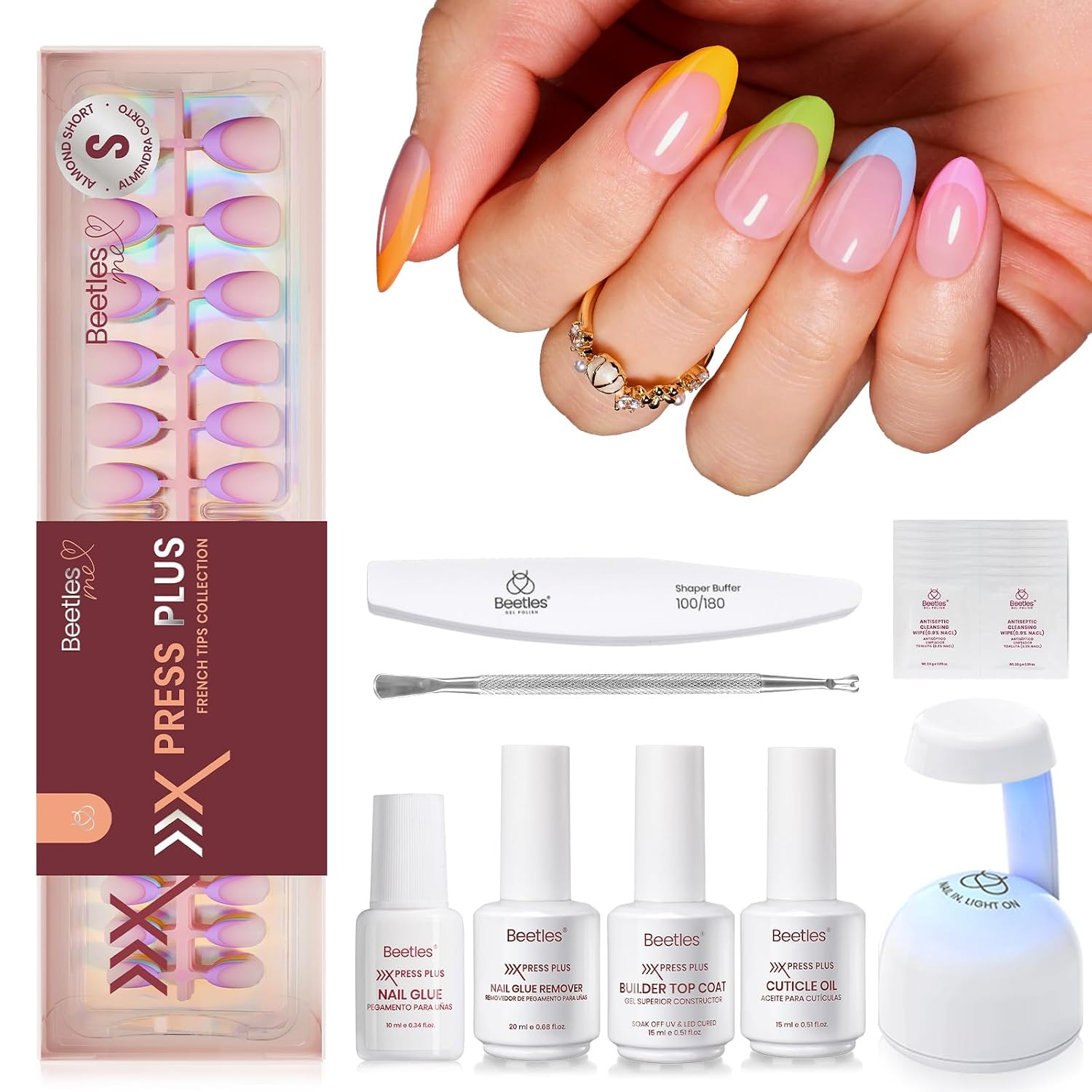 Press on Nails Kit – Short Almond French Tip Nails Kit, 224 Pcs | 7 Colors Rainb
