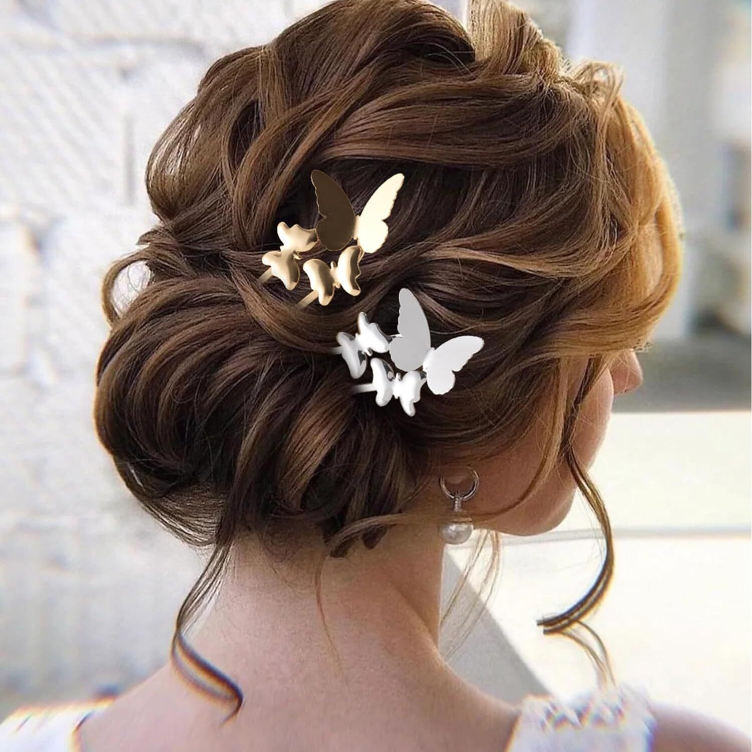 2pcs Butterfly U Shaped Hair Pins Metal French Retro Fork gold+sliver
