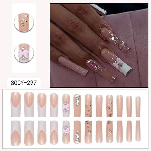 Press on Nails Extra Long – Square Press On Nails 05-French Tips with Bows