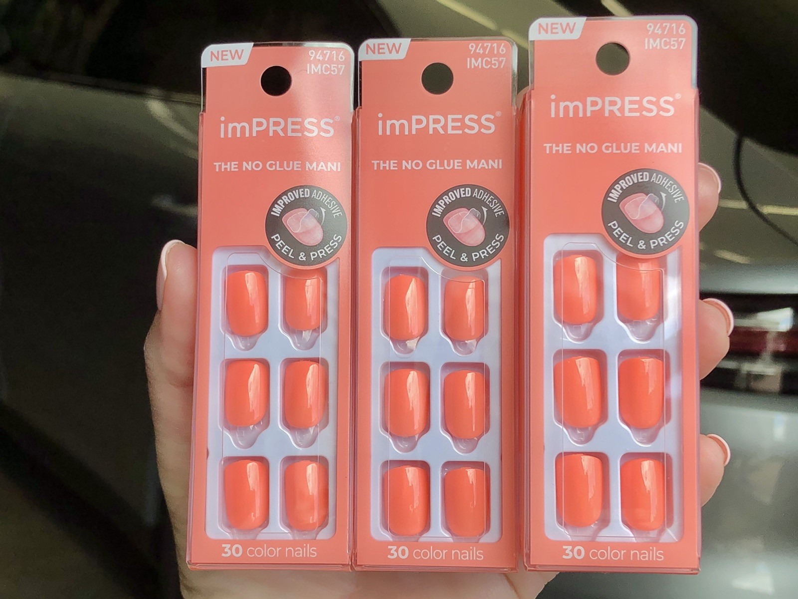Lot of 3 imPRESS Color Press-On Nails #57 Prime Time (Neon Coral) Short NEW