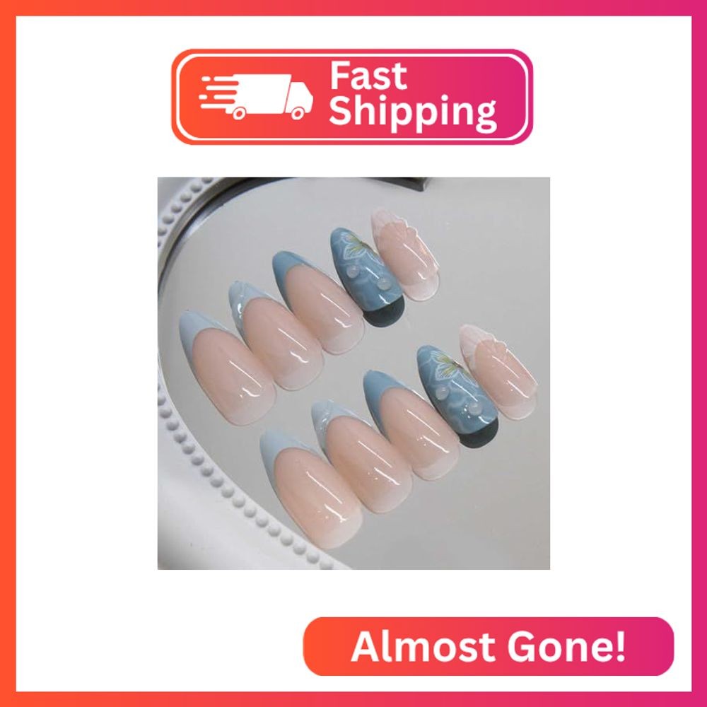 Enppode Almond Press-On Nails – Medium French Tips Blue Glossy Full Cover for Wo