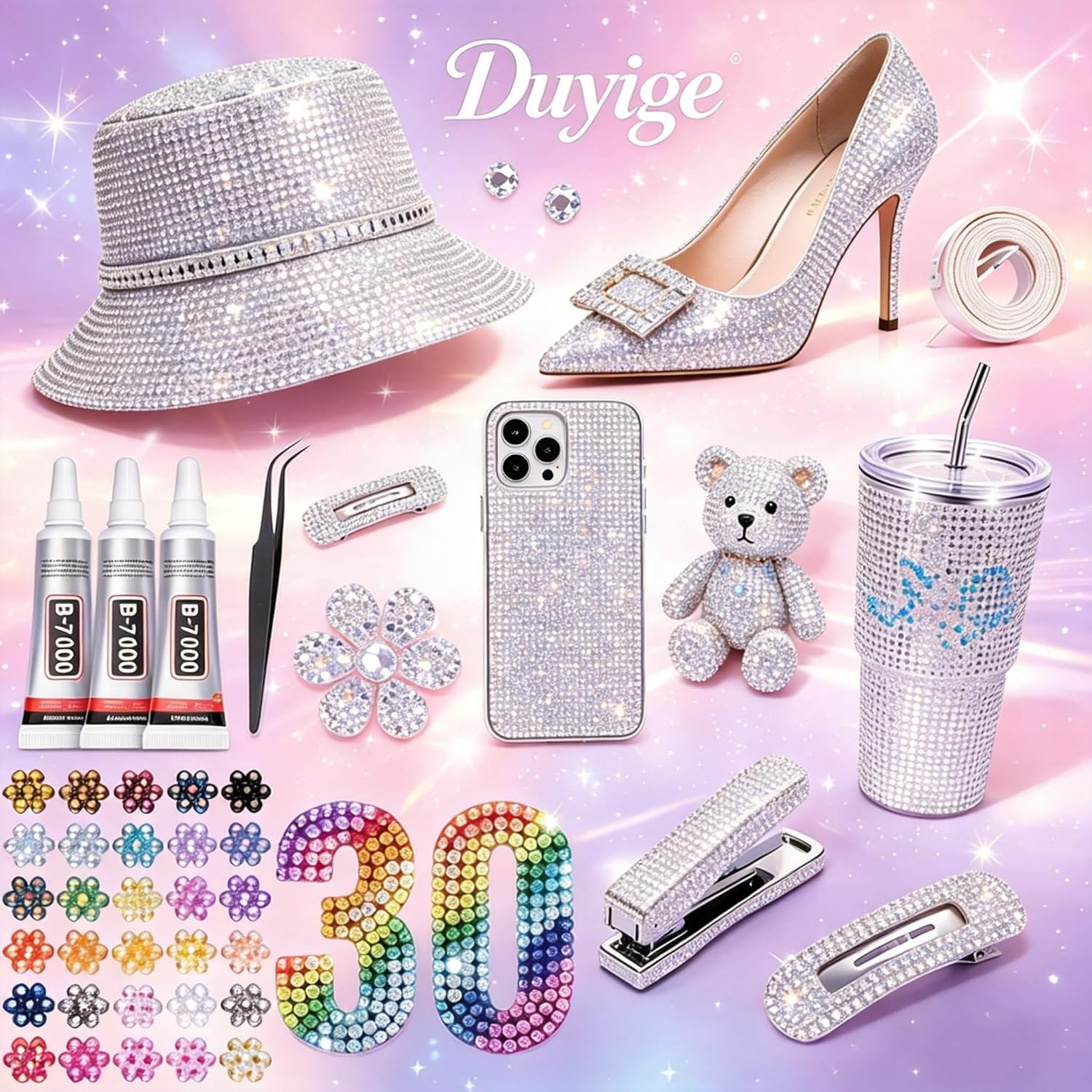 Bling Kit for Crafts, 30 Colors 3Mm Flat Back Rhinestones with 4 B7000 Glue, Bed