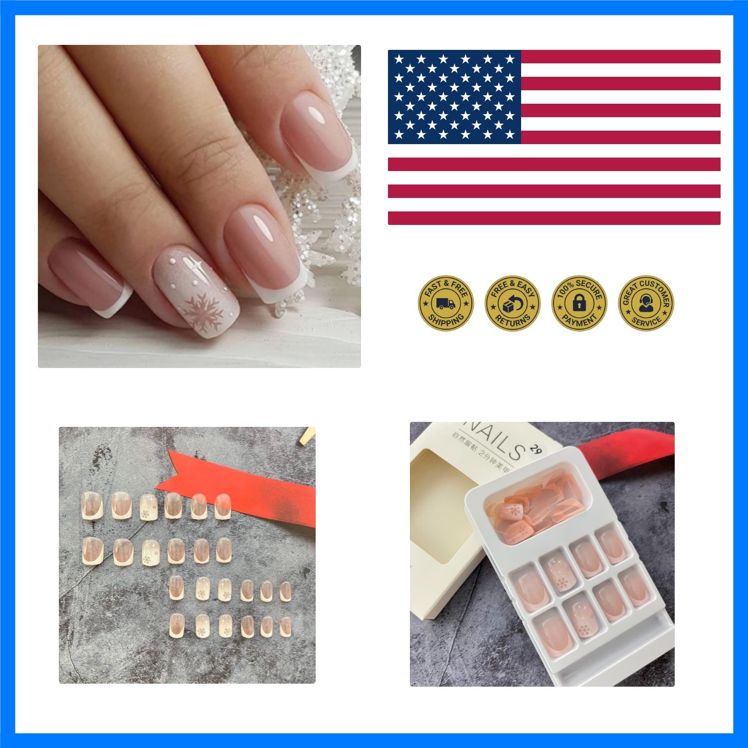Christmas Press On Nails – Short Square Fake Nails with French Tip Acrylic, C…