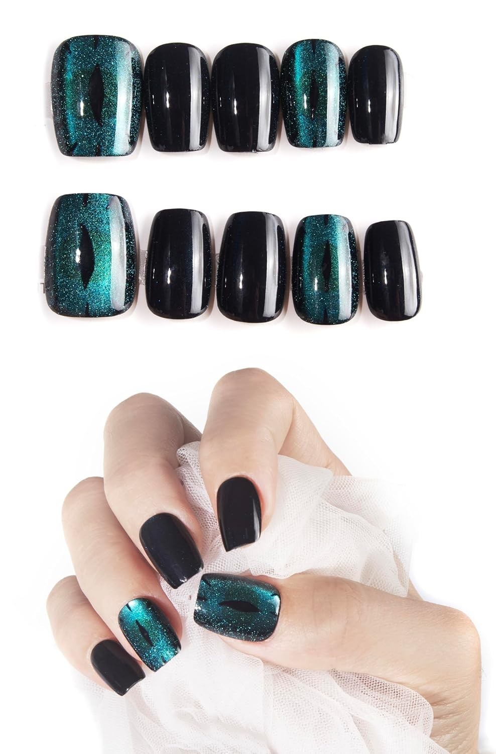 Press On Nails Short Square Set with Cat’s eye Design,Reusable Nail Kit with Nai