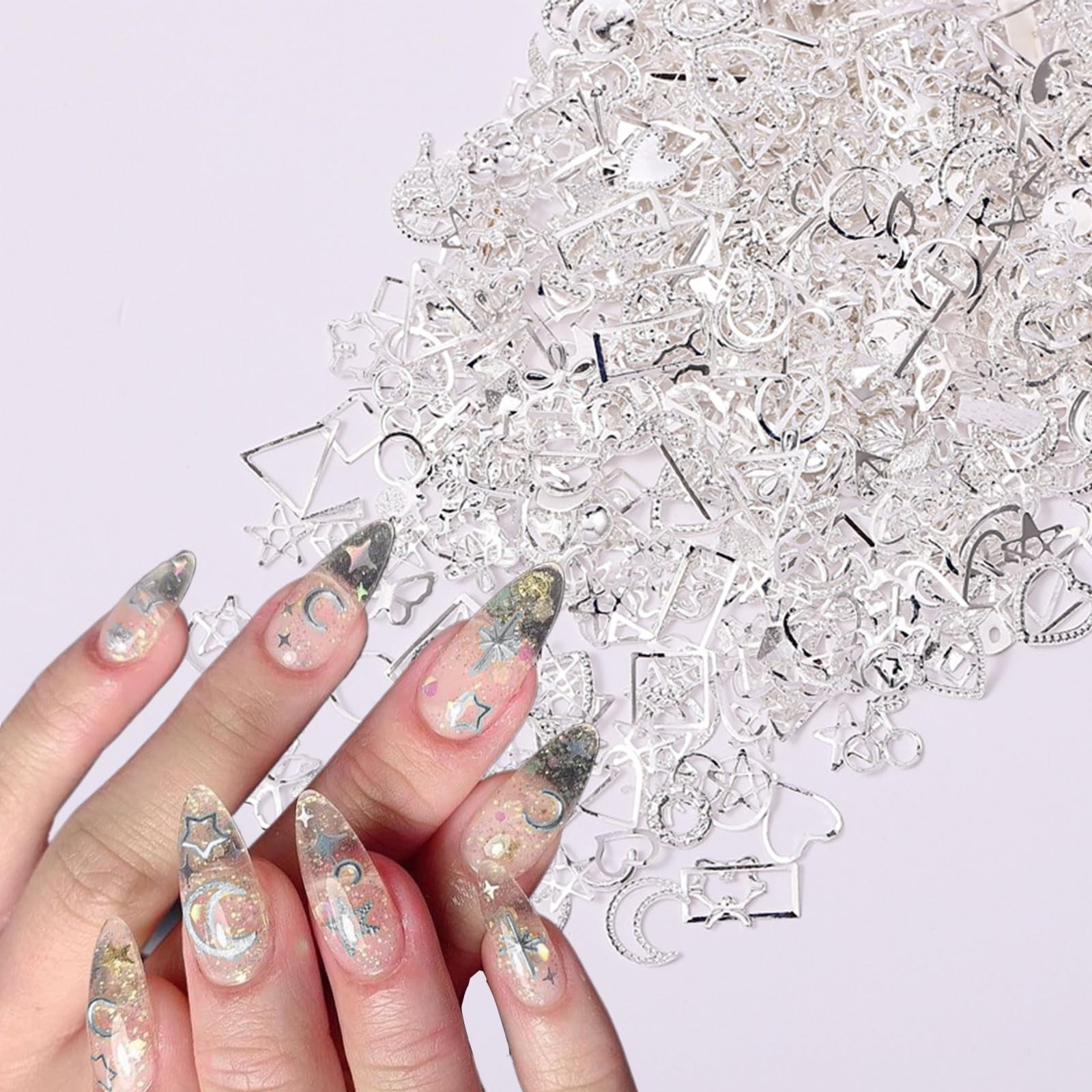 900Pcs Silver Nail Charms Alloy Star Nail Rhinestones 3D Nail Art Charms for Nai