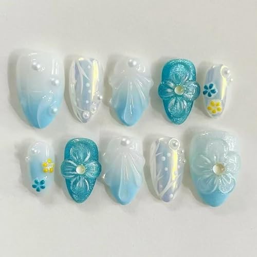 30Pcs Blue Ombre Press on Nails Short Almond Fake Nails Blue Beach Flower-4