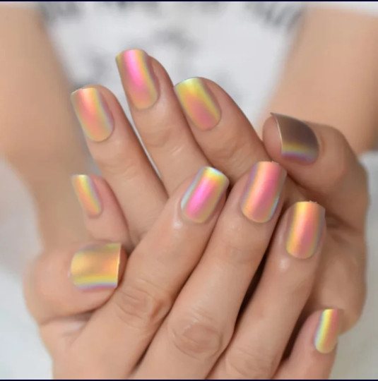 24 Desert Glow Short Matte Chrome Holographic iridescent Press on nails glue on