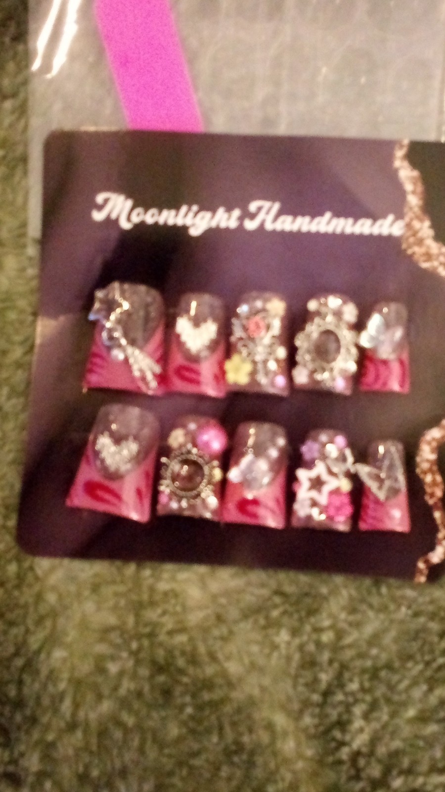Moonlight Handmade 3D Press-On Nails Pink Silver Square Pre-Designed Full Cover