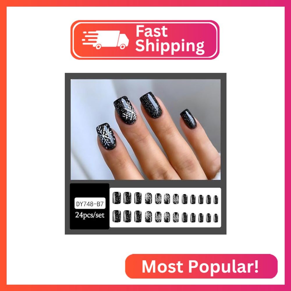 LPOODDNU 24 Pcs Christmas Press on Nails Medium Square, Snowflake Full Cover Fak