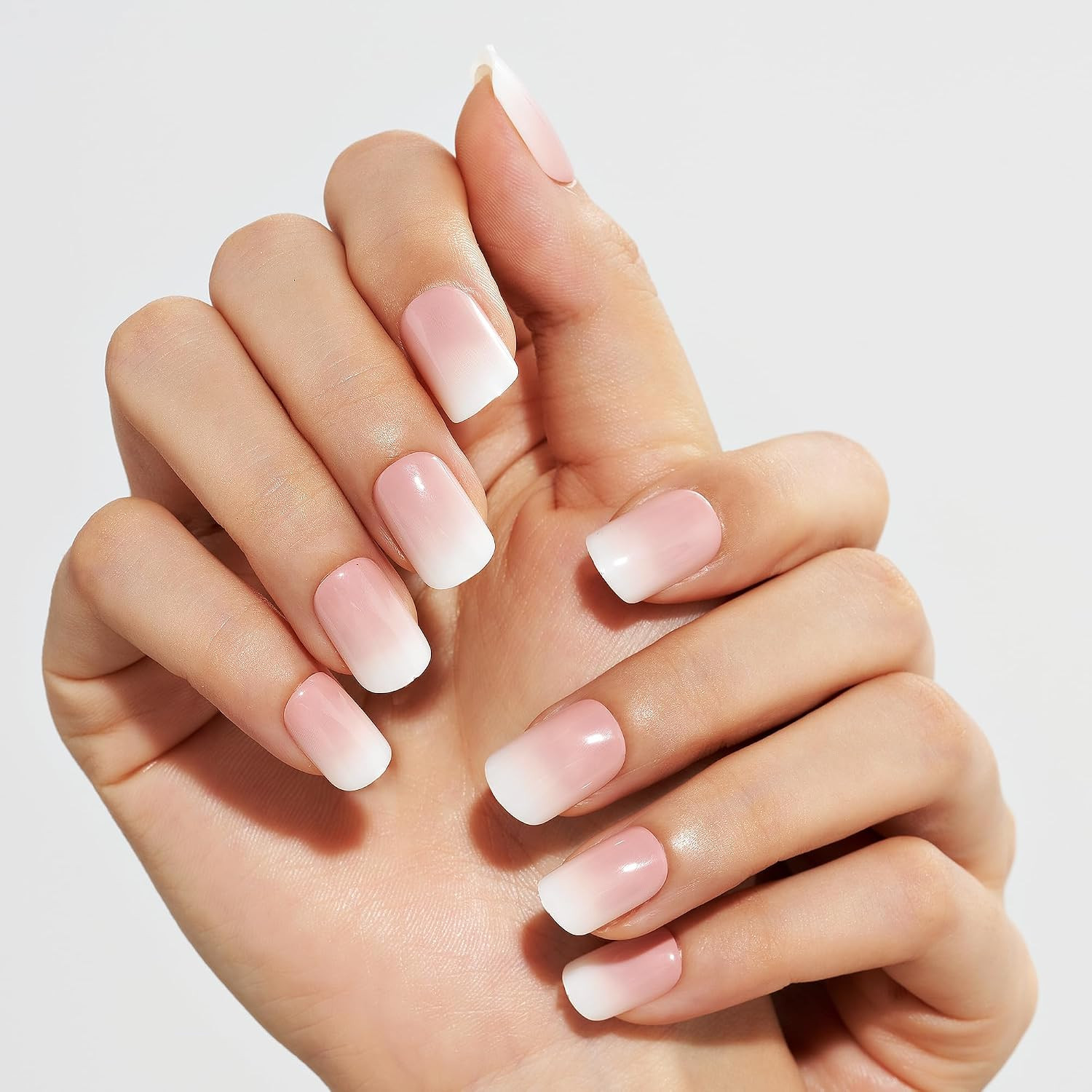 Pink Neutral Ombre Press on Nails Short, Crush Fake Nails Square | 32 Pcs Glossy