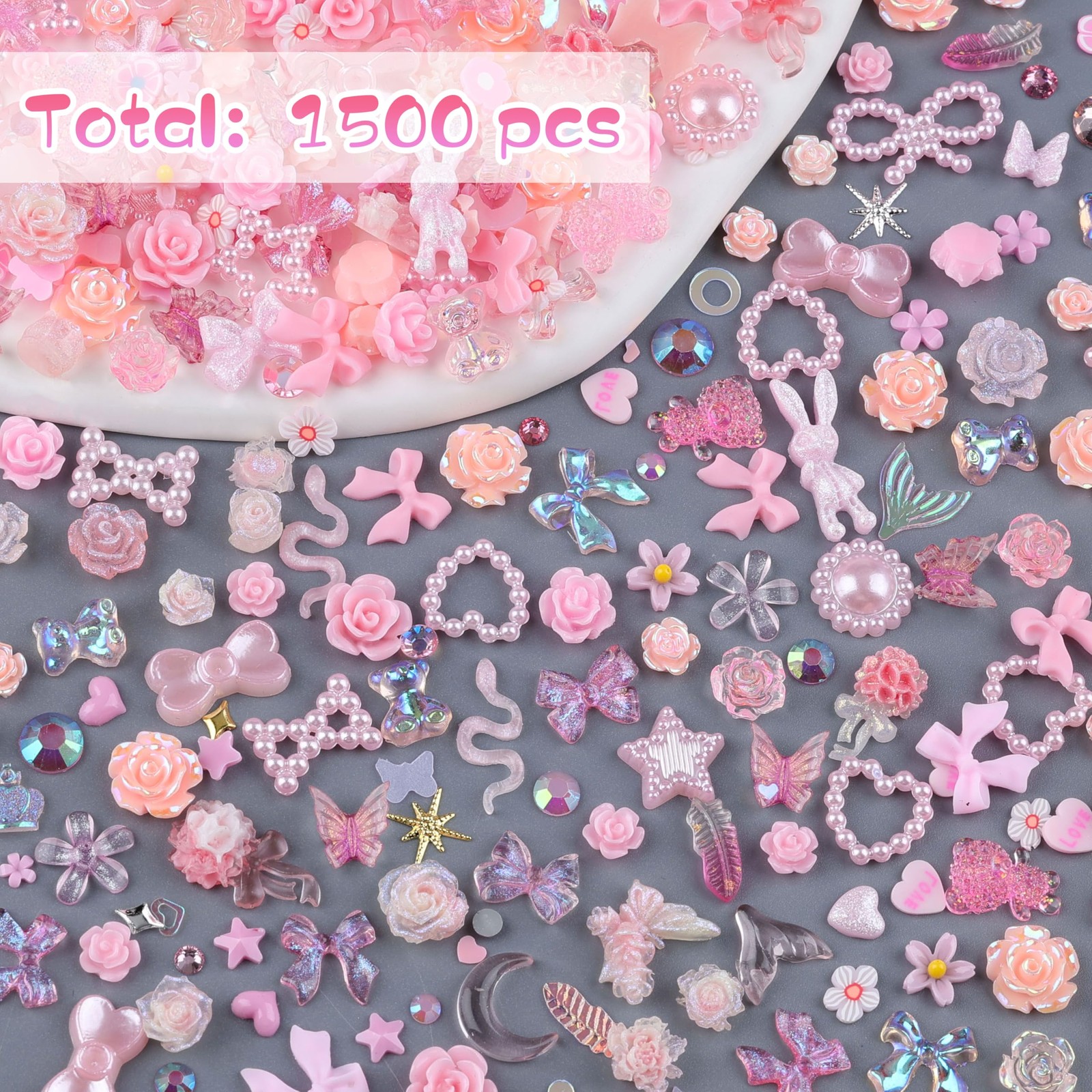 260Pcs 3D Assorted Pearls Nail Charms Acrylic Multi Shapes Heart Flower