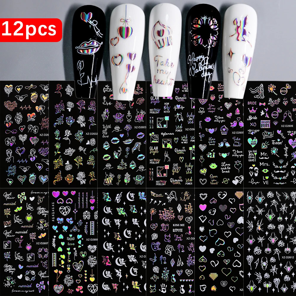 8pc 3D Mixed Color Heart Nail Stickers Valentines’ Day Sweet Red Pink Love Selfa
