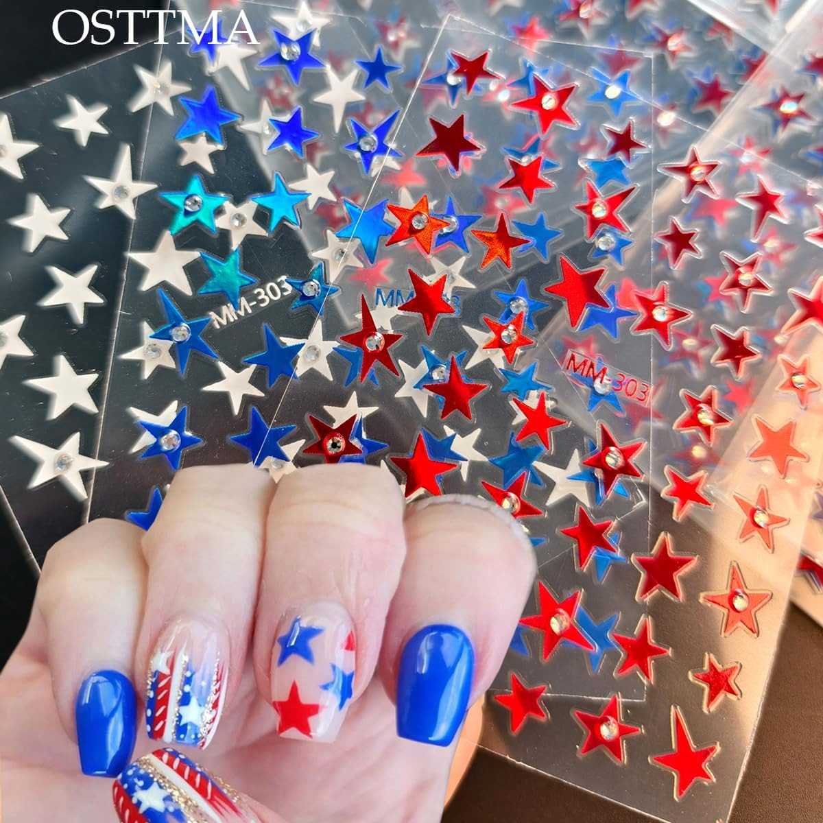 Independence Day Nail Stickers for Nail Art, Shiny Star Nail Decals Rhinestones