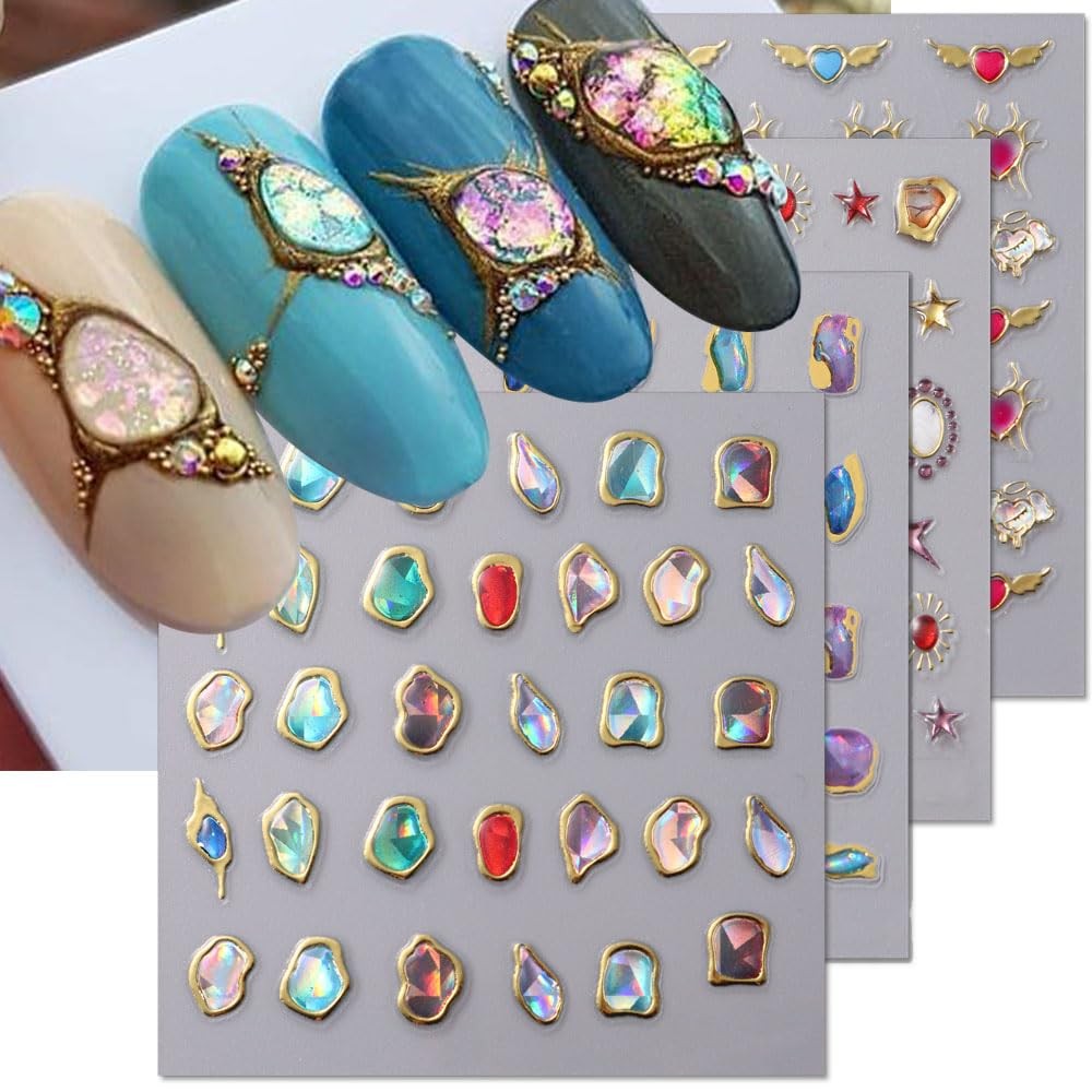 6Sheets 5D Embossed Stickers, Crystal Soft Glue Irregular Gems, Geometric Fra…