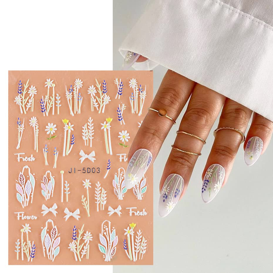 3D Embossed Flower Leaves Nail Art Stickers Decals 4 Sheets 5D Self-Adhesive Peg