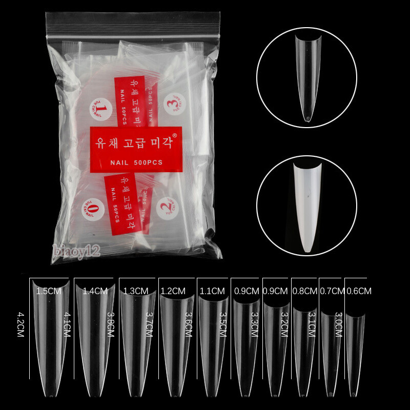 500 Pcs Long Stiletto Pointed Nail Tips False Full Cover Acrylic Curved 10 Sizes