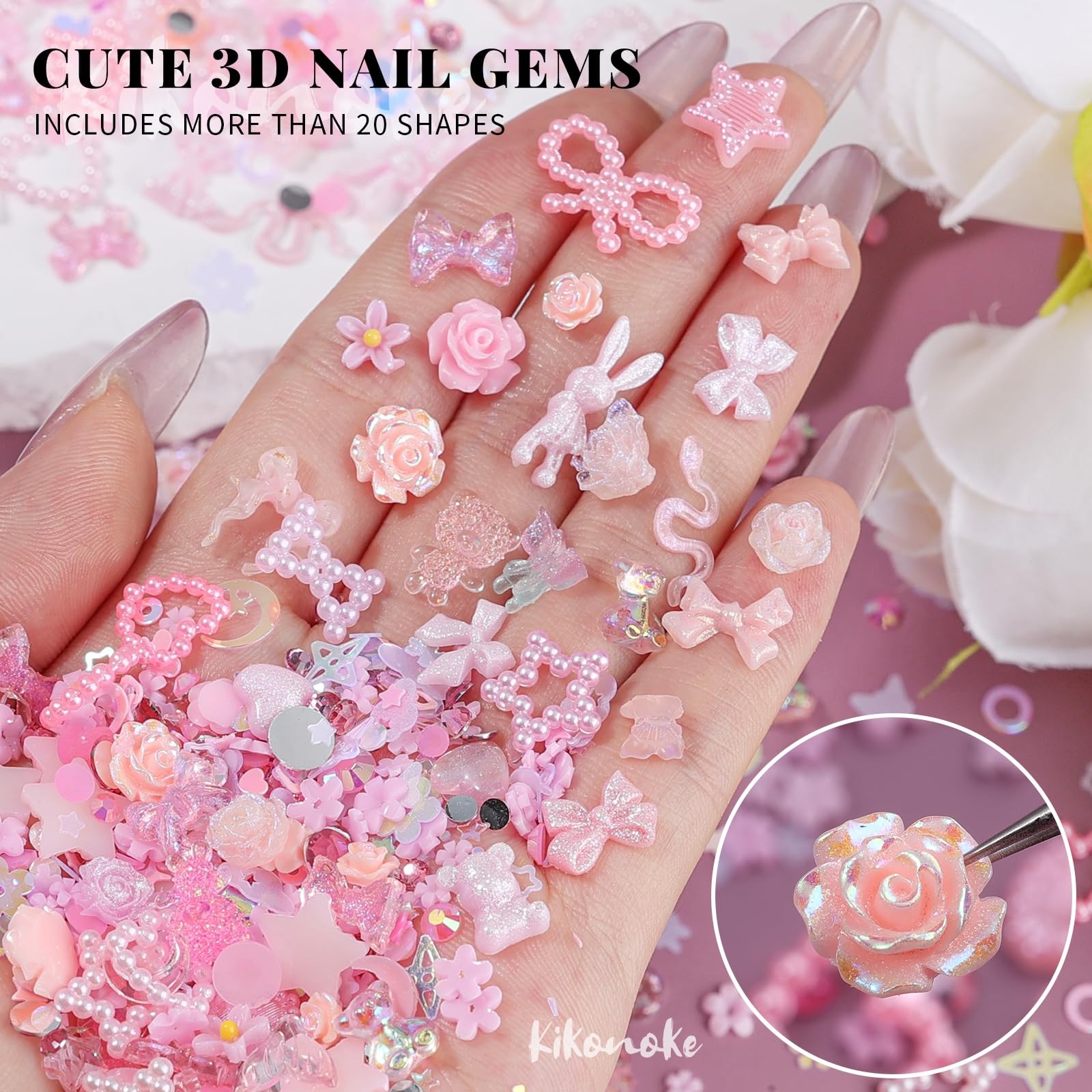 400Pcs Pink Nail Charms Kit, 3D Nail Gems and Rhinestones Flatback Pearls Mix…
