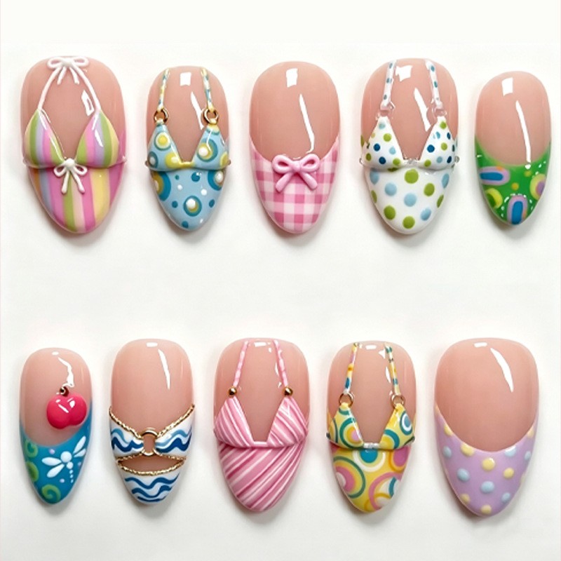 60Pcs-Long Oval Cute Bikini Bow Cherry Summer Hand Painted Press on Nails Set