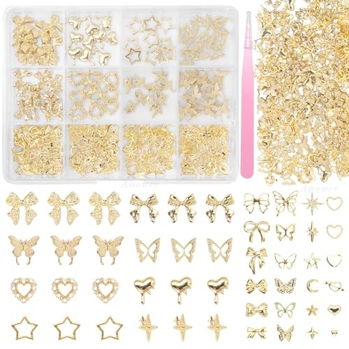 Gold Nail Charms, Butterfly Star Heart Bow Nail Golden Charms, Multi Shapes S1