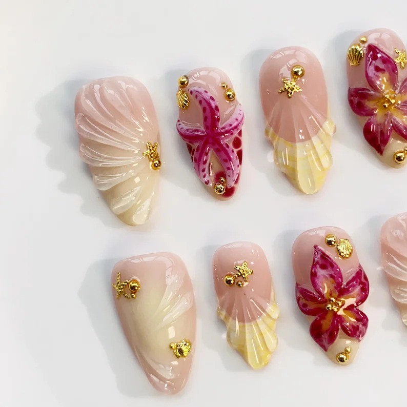 Handmade Holiday Starfish Yellow Flower Summer 3D Gel Press On Nails