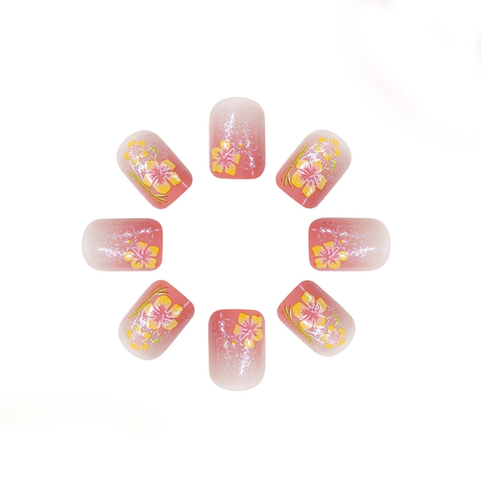 24 Pcs Hibiscus Flower Press on Nails Short Square Fake Nails Pink Gradient F…
