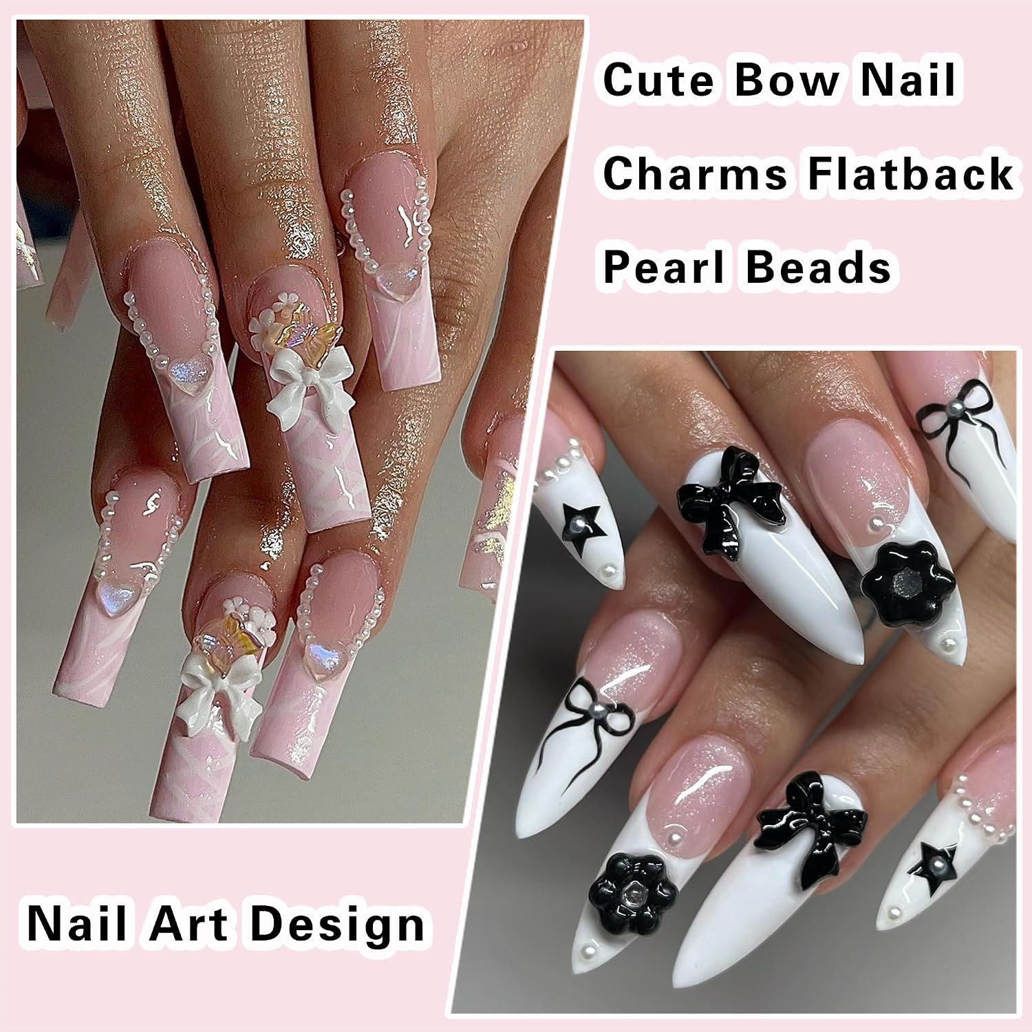 300Pcs Bow Nail Charms and Flatback Pearls,Black White Pink Bowknot 3D Cute Nail