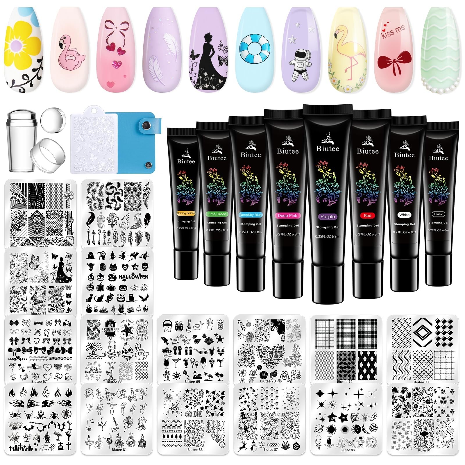 Nail Stamping Kit 12Pcs Plates & 8 Colors Polish Gel | Silicone Stamper & Scrape