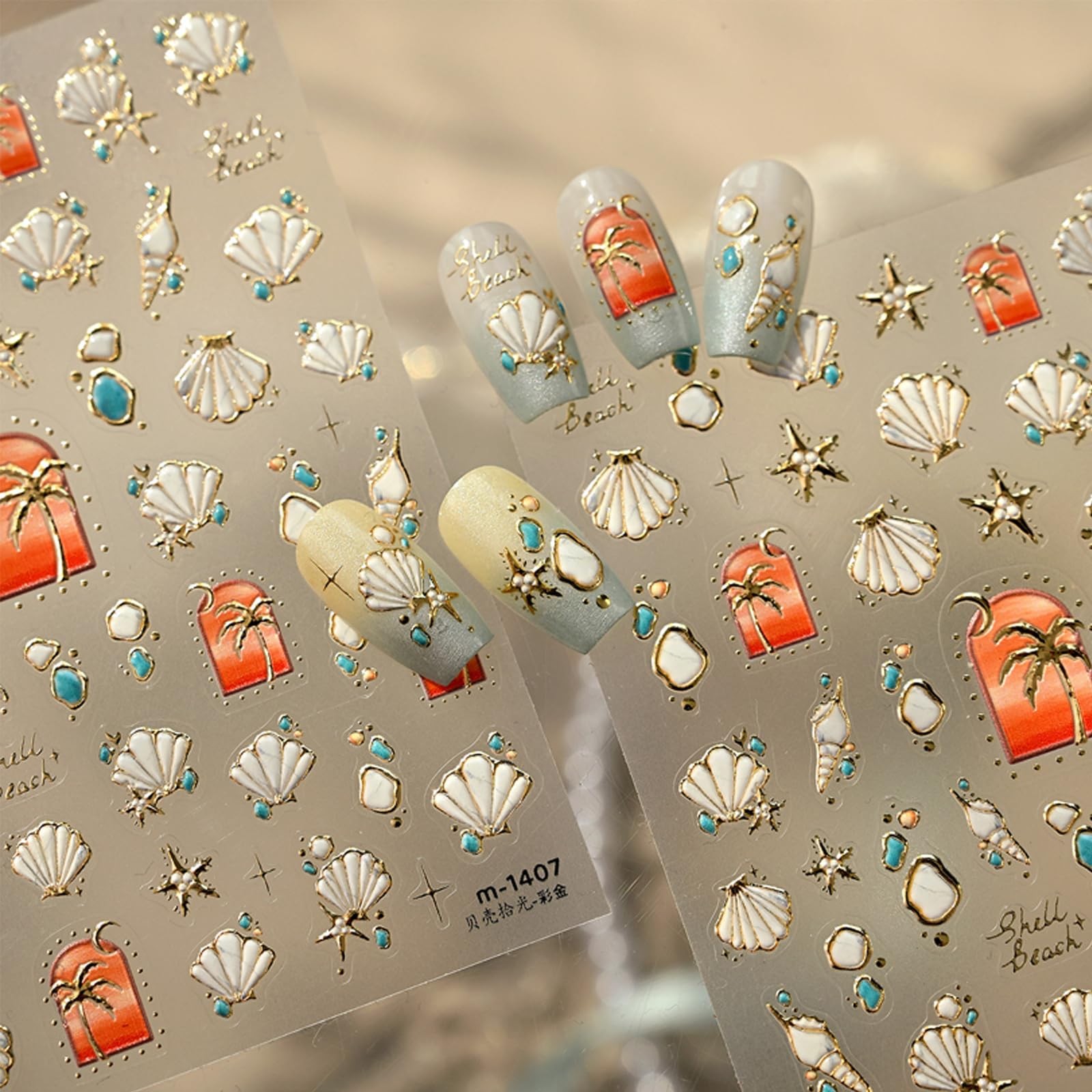 5D Embossed Beach Nail Stickers with Metallic Gold Shell Coconut Tree Nail De…