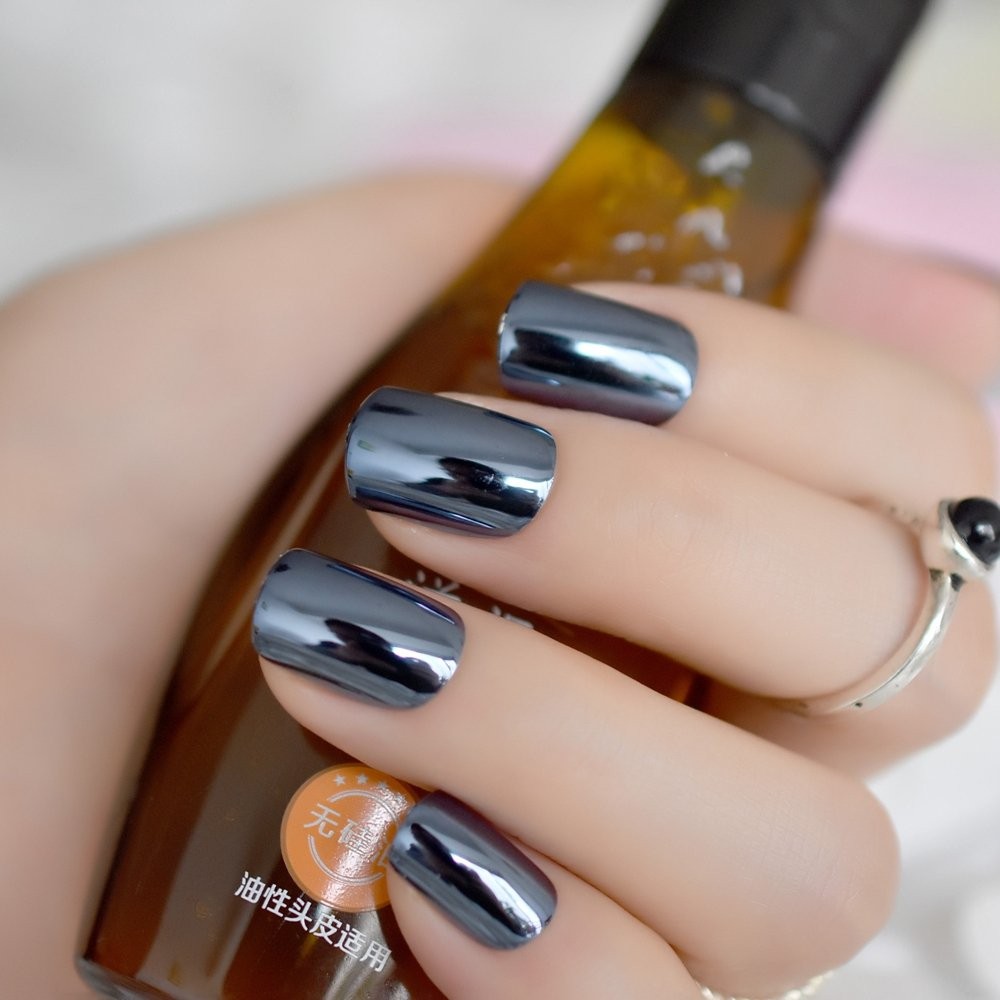 LINSSQ Press on Nails,Ashy Blue False Nails,Beauty Metallic Mirror Ashy