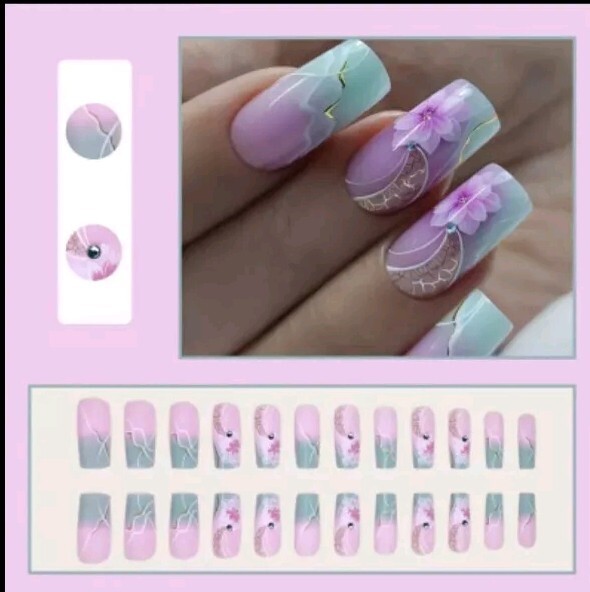 24pcs Set Of Long Square Purple Gradient Press-On Nails With Floral Design