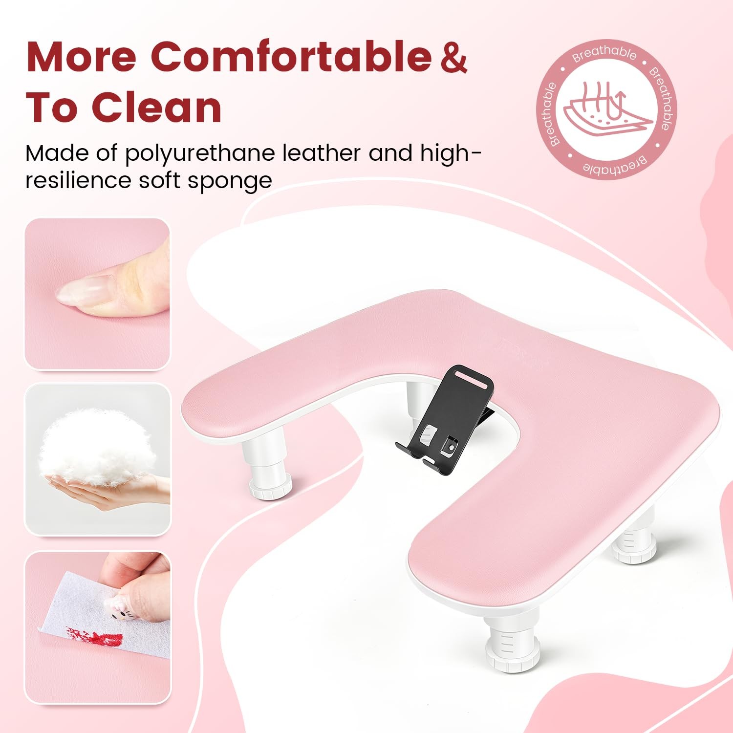 Pink U-Shaped Manicure Arm Rest for Nails Tech with Rotating 360°Built-In Pho…