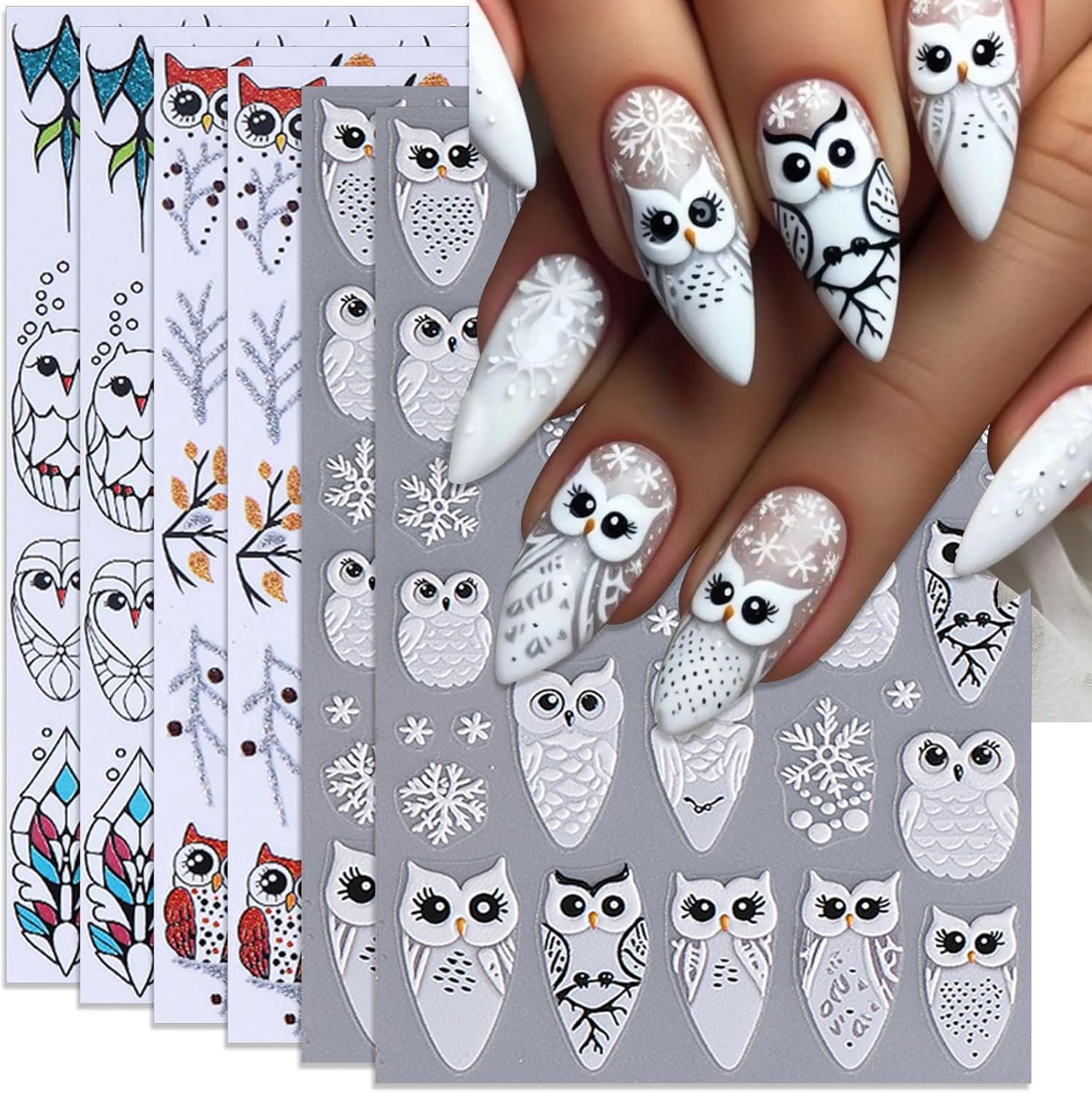 6 Sheets Christmas Nail Stickers, Winter Owl & Snowflake Self-Adhesive Mix
