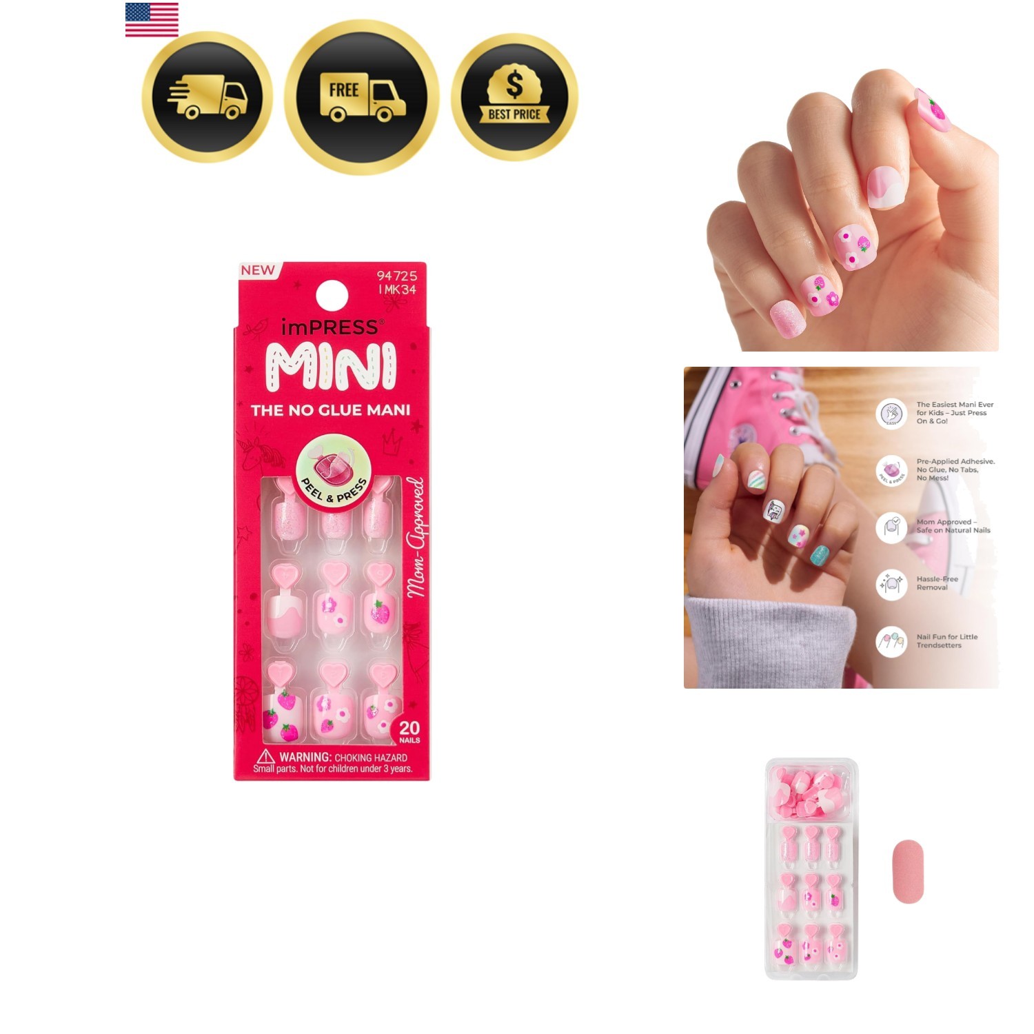 No Glue Mani Press On Nails, Mini, ‘Berry Cute’, Pink, Kids Size, Squoval Sha…