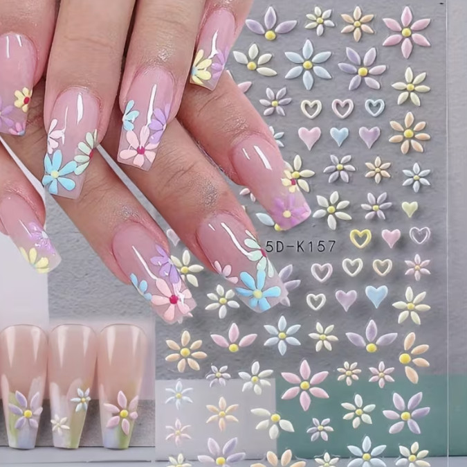 Flower & Heart Nail Stickers 5D Colourful Spring Floral Nail Art 1pcs