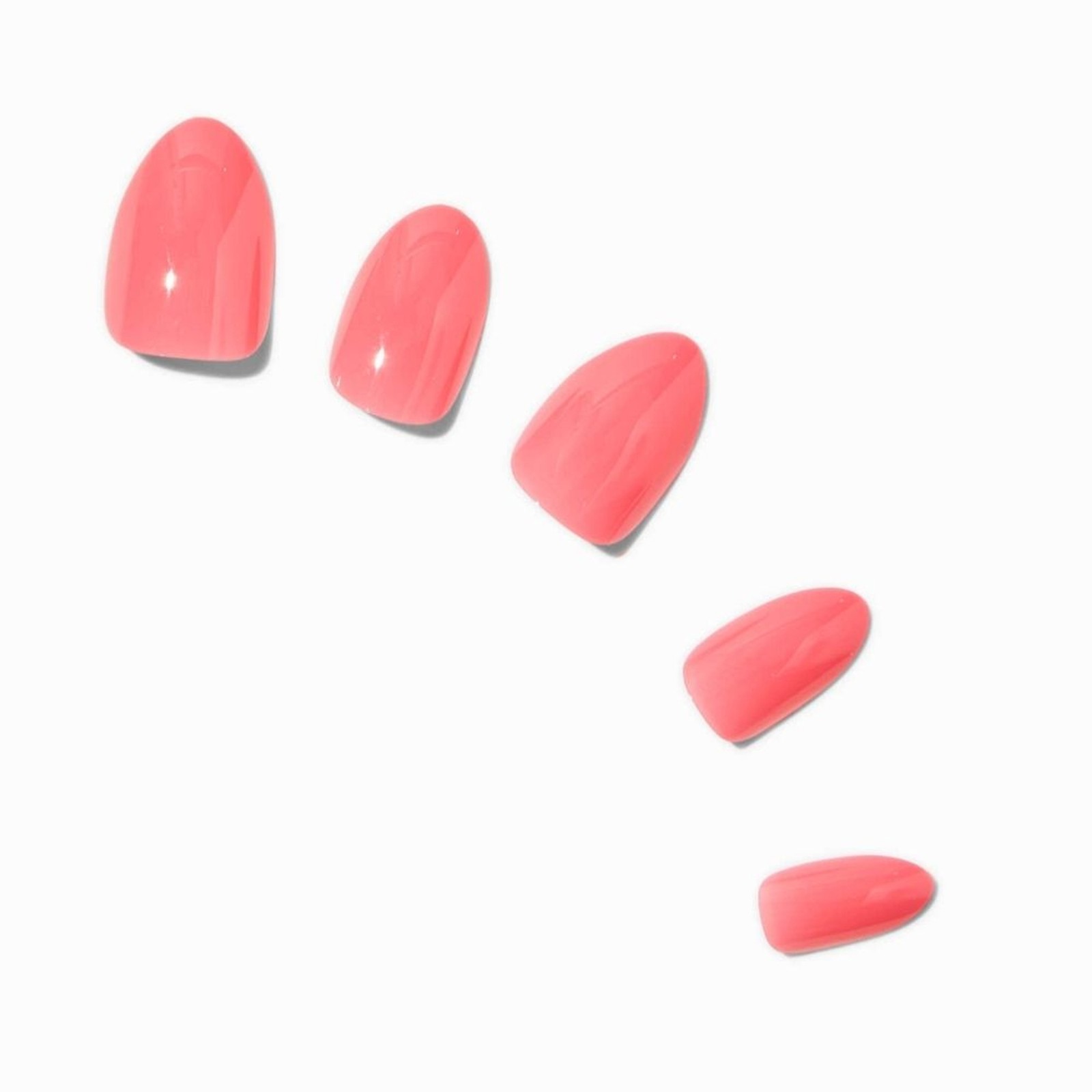 Claire’s Coral Pink Glossy Short Almond Vegan Faux Nail Set – 24 Pack